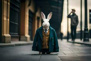 un Conejo vestido en un traje y Corbata en pie en un calle. generado por ai foto