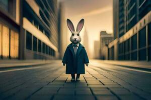 a rabbit in a suit and tie standing in the middle of a city street. AI-Generated photo