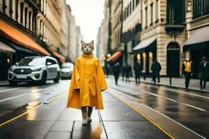 a cat in a yellow raincoat walking down a street. AI-Generated photo