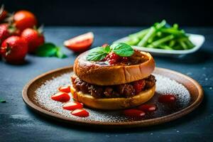 a hamburger with tomato sauce and green beans on a plate. AI-Generated photo