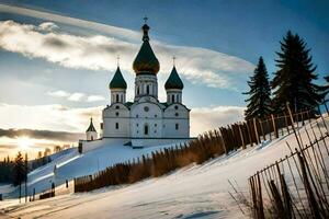 un Iglesia es rodeado por nieve en un colina. generado por ai foto