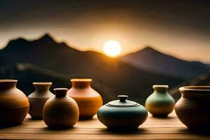 a group of vases sitting on a wooden table with the sun setting behind them. AI-Generated photo