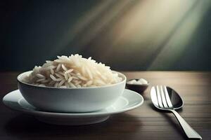 a bowl of rice with a fork and spoon on a wooden table. AI-Generated photo