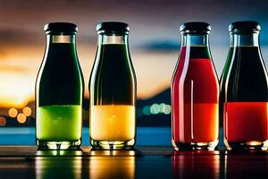 five different colored drinks in glass bottles. AI-Generated photo