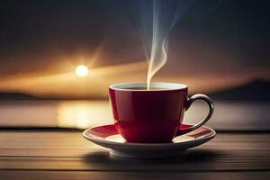 a cup of coffee on a wooden table with the sun setting behind it. AI-Generated photo