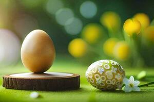 two eggs on a wooden stand with yellow flowers. AI-Generated photo