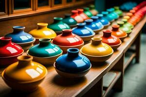 colorful vases on a wooden shelf. AI-Generated photo