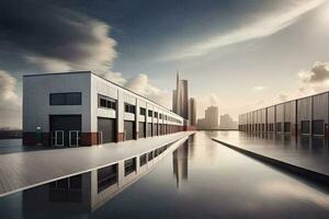 a large warehouse with a large building in the middle. AI-Generated photo