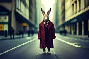 a rabbit wearing a red coat and tie standing in the middle of a city street. AI-Generated photo