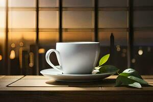 a cup of coffee on a table with a cityscape in the background. AI-Generated photo