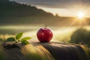 a red apple on a tree stump in the field. AI-Generated photo