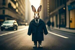 a rabbit dressed in a suit and tie standing on a street. AI-Generated photo