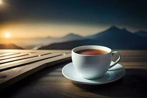 the sun rises over the mountains, cup of tea, mountains, hd wallpaper. AI-Generated photo