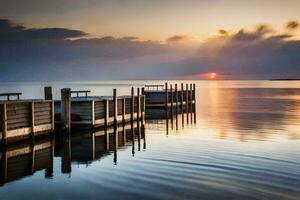 a boat dock is seen in the water at sunset. AI-Generated photo