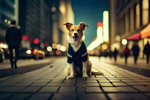 un perro sentado en un ladrillo calle a noche. generado por ai foto