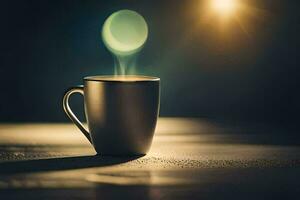 a cup of coffee on a table with a light shining on it. AI-Generated photo