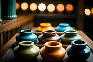 colorful vases on a wooden tray. AI-Generated photo