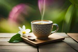 a cup of coffee with a flower on a wooden table. AI-Generated photo