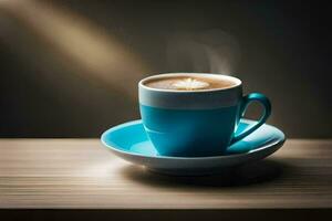 a cup of coffee on a wooden table. AI-Generated photo