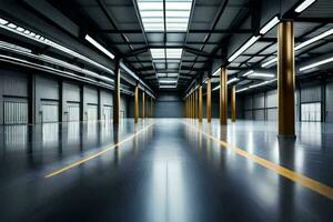 a long empty warehouse with yellow lines. AI-Generated photo