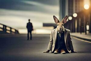a rabbit in a suit and tie sitting on the ground. AI-Generated photo