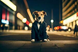 a dog in a tuxedo sitting on the street at night. AI-Generated photo