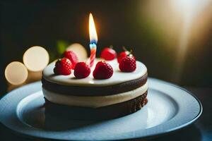 a birthday cake with a single candle. AI-Generated photo