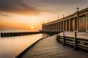 a pier at sunset with a wooden walkway. AI-Generated photo