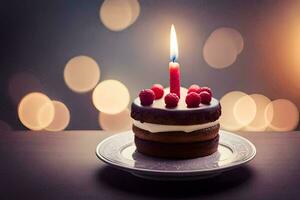 un cumpleaños pastel con un iluminado vela en cima. generado por ai foto