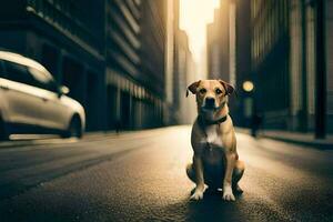 a dog sitting on the street in a city. AI-Generated photo