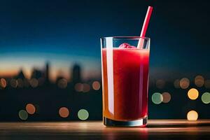 a glass of red juice with a straw on a table in front of a city skyline. AI-Generated photo
