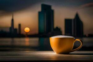 un café taza se sienta en un mesa en frente de un ciudad horizonte. generado por ai foto