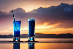 two glasses of blue drink with a mountain in the background. AI-Generated photo