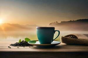 coffee cup and beans on the table. AI-Generated photo