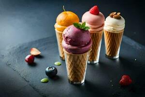 four ice cream cones with different flavors. AI-Generated photo