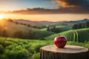 apple on a stump in the sunset. AI-Generated photo