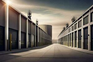 a long empty road with a factory building in the background. AI-Generated photo