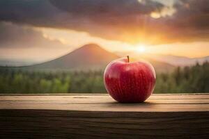 an apple sits on a wooden table in front of a mountain. AI-Generated photo