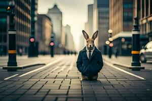 a rabbit wearing a suit and tie sits on the street. AI-Generated photo