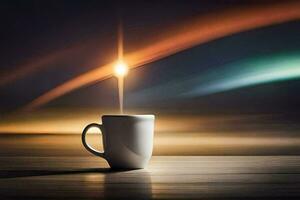 a cup of coffee on a table with a bright light. AI-Generated photo