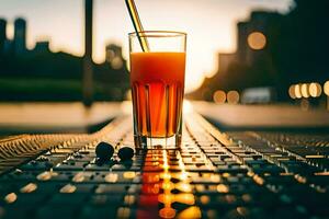 a glass of orange juice sitting on a table in the middle of a city. AI-Generated photo