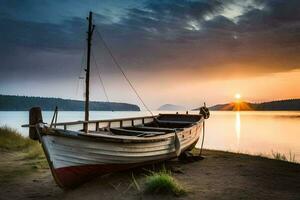 a boat sits on the shore at sunset. AI-Generated photo