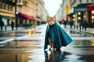 a cat wearing a cape on a rainy street. AI-Generated photo