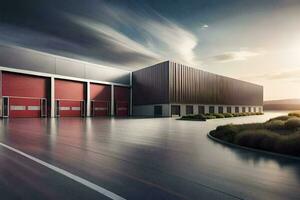 a large industrial building with red doors. AI-Generated photo