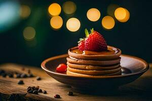 panqueques con fresas y canela en un de madera mesa. generado por ai foto