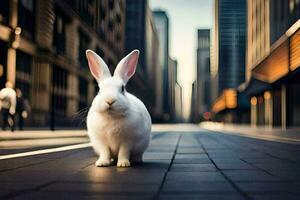 un blanco Conejo es en pie en el medio de un ciudad calle. generado por ai foto