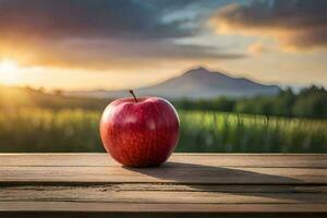 an apple sits on a wooden table in front of a sunset. AI-Generated photo