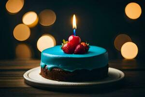 a birthday cake with a single candle on a wooden table. AI-Generated photo