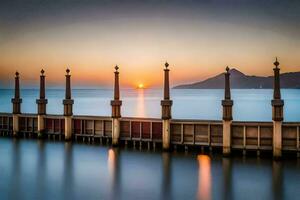 un muelle con un puesta de sol en el antecedentes. generado por ai foto