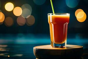 un vaso de naranja jugo en un de madera mesa en frente de un piscina. generado por ai foto